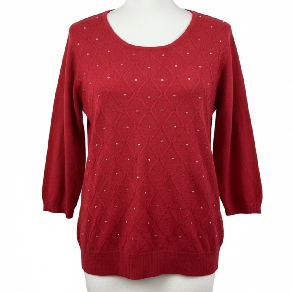 Cathy Daniels XL Red Studded Sparkle Quilted Sweater Holiday Christmas Glam